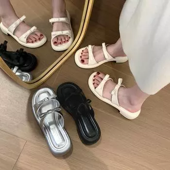 Coarse heel French silver slippers women s shoes wear 2024 new summer with skirt temperament small fresh sandals 35 чёрный
