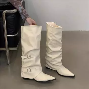 Coarse Heel High Heel High Boots Women s New Spring and Autumn Pointed Pile Boots Long Boots Pants Pants Boots Knight Boots 35