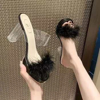 Coarse heel high heel sandals girl 2025 summer fairy wind word with transparent crystal and waterproof table Mao Mao cool slippers 35