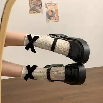 Coarse heel high heel small leather shoes women s spring and summer new thick sole heightening retro Mary Jane single shoes round head 35 чёрный