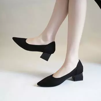 Coarse heel high heels 2024 spring new flying woven elastic high heels pointed shallow mouth work single shoes knitted casual 35 чёрный