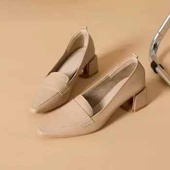 Coarse heel high heels women s spring and autumn small square head comfortable soft leather single shoes work shoes commuting wear deep mouth 34 чёрный