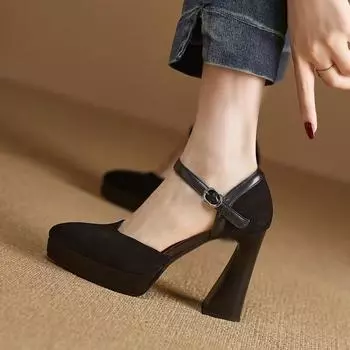 Coarse heel matte soft leather high heels women s 2025 spring waterproof platform thick sole pointed head word with shallow mouth single shoes 34 чёрный