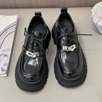 Coarse heel metal buckle single shoes women s new platform Mary Jane lace-up leather shoes 35