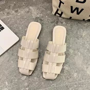 Coarse heel one-word slippers women s versatile summer new open-toed mid-heel gold and silver fashion outer wear cool slippers 35