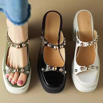 Крутые тапочки с открытым носком и грубым каблуком для женщин, весна, новая корейская версия феи, однословные заклепки, полые, крутые тапочки на высоком каблуке 35