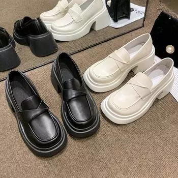 Coarse heel platform loafers women s spring summer 2025 new versatile white British style fashion high heel shoes 35 чёрный