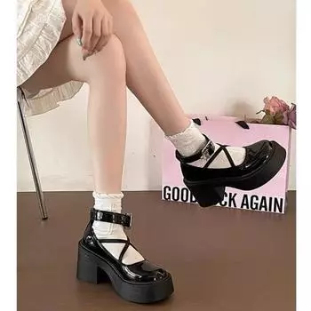 Coarse heel round head cross strap autumn new buckle small leather shoes student black single shoes 35