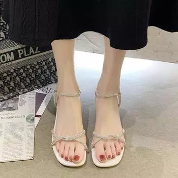 Coarse heel sandals women s summer college students versatile temperament high heels new rhinestone shoes 35