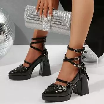 Coarse Heel Shoes Spring New Sharp Shallow Mouth Rivets Metal Buckle Thick Sole Anti-slip Wear-resistant High Heels 35