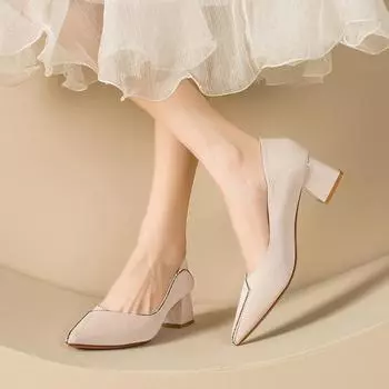 Coarse heel single shoes women s spring 2025 new women s shoes French medium heel low heel shallow mouth pointed high heels women 526-12 34 абрикосовый