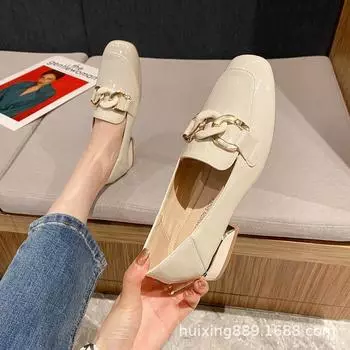 Coarse heel single shoes women s square head metal buckle spring 2025 new casual versatile patent leather work shoes 802-5 35 жёлтый