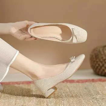 Coarse heel single shoes women s summer models 2025 new square head versatile evening gentle fairy style with small skirt Doudou shoes 34 абрикосовый