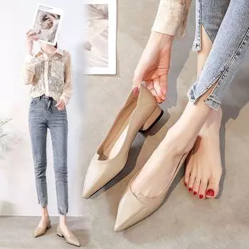 Coarse heel versatile work shoes, shallow mouth pointed head, medium heel single shoes, women s high heels, soft leather women s non-grinding feet, ne 34