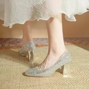Coarse heel wedding shoes Xiuhe wedding dress two wear high heels crystal large size not tired feet wedding bride shoes women 2024 new 34