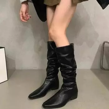 Coarse Heeled Mid Heeled Knight Boots for Women New Autumn Western Slim Square Toe Low Heeled Pleated Pile Boots Platform Shoes 35