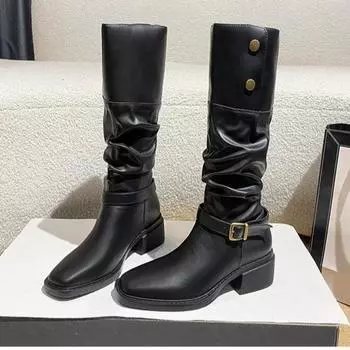 Длинные сапоги в стиле ретро на грубом каблуке с пряжками на ремнях, рыцарские сапоги, женские ковбойские сапоги в стиле вестерн 2024 года, новые осенне-зимние сапоги 35 чёрный