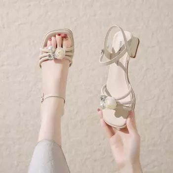 Coarse-heeled sandals women s new summer fashion rhinestone fairy with skirt temperament one-word shoes 34