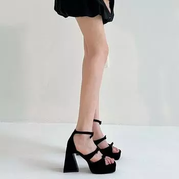 Coarse-heeled sandals women s summer 2024 new one-word buckle strap small man shows high heels 35 чёрный