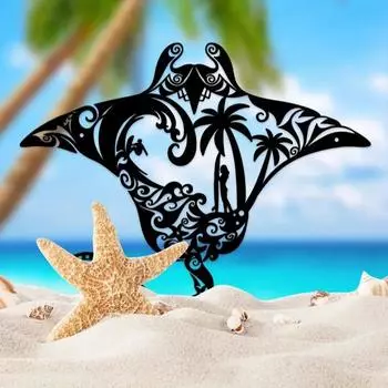 Coastal Charm Metal Manta Ray Wall Art - Beach-Themed Decor. Surfboard, Waves, Starfish & Palm Silhouette. For Living Room. чёрный