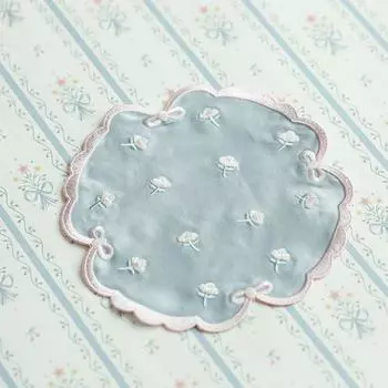 Coaster Placemat Tablecloth Embroider Fabric Japanese Style Heat Insulation Non-Slip Girl Bow Floral Background Fabric Pastoral Display Blue 15*15cm As shown in the figure