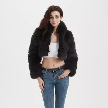 Coat autumn and winter new women s top artificial fur short coat hooded toka fox hair splicing S чёрный