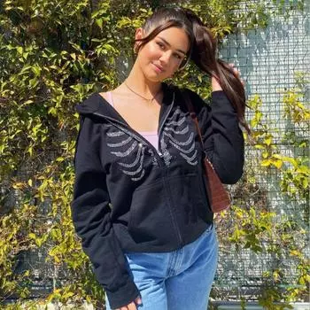 Coat Hoodie Women Y2K Drawstring Retro Hooded Jacket Punk Rhinestone Skeleton Hoodies Travel M чёрный