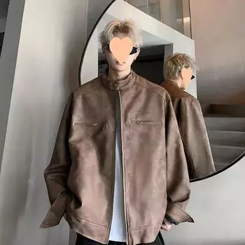 Пальто мужское весна и осень новая американская ретро куртка свободная кожаная куртка на молнии XS