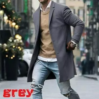 Coat Mens Lapel Trench Coat Outwear Overcoat Long Sleeve Button Up Top Jacket Gray,M