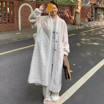 Coat Women 2024 Spring Long Sleeve Single Breasted Loose Female Midi Jacket Twists Knit Lady Fashion Outcoat S бежевый