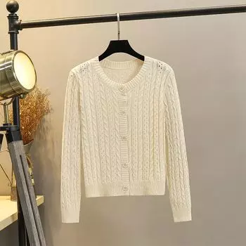 Coat Women s Cut Out Spring and Autumn All-Match round Neck Knitted Cardigan Apricot color M