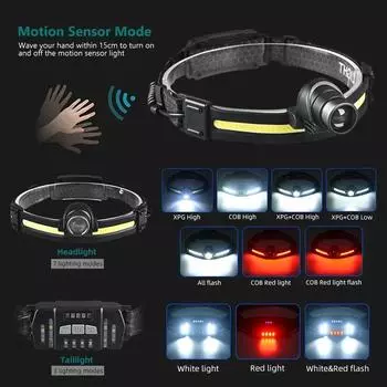 COB Induction Headlight Multi-mode Red Light Warning LED Outdoor Head Mounted Strong Light Running Headlight Camping Flashlight