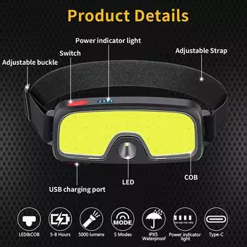 COB LED Headlamp USB Rechargeable Portable Headlamp Built-in Battery Waterproof Headlamp Camping Headlamp Hiking Flashlight black