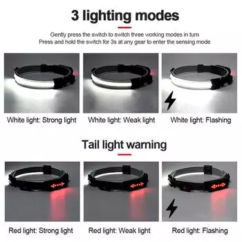 COB LED Sensor Headlamp Водонепроницаемый Ночной Бег Маленький Налобный Фонарь USB Зарядка Прожектор Рабочий Светильник Для Кемпинга Велоспорта Рыбалки