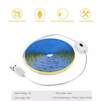 Cob Light с ручным датчиком сканирования, выключатель питания 5 В, шкаф, полка, USB, ТВ, фон, декоративная световая панель 1m