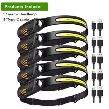 COB светодиодный налобный фонарь, индукционный налобный фонарь, встроенная батарея, USB перезаряжаемый налобный фонарик, уличный фонарик с датчиком для кемпинга, рыбалки