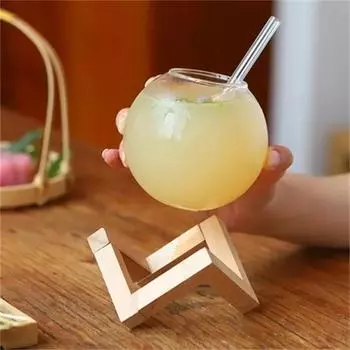 Cocktail Round Ball Glass Cup with Wood Holder Straw Transparent Moon Ball Cold Drinking Juice Cups Holiday Beach Glass Cup 475ml чистый