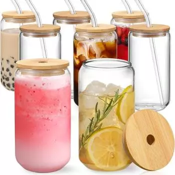 Cocktail supplies for beer and iced coffee cups with bamboo lids and glass straws 400ML