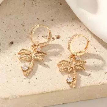 Coconut Palm Shape Dangle Earrings for Women 2025 New Fashion Golden Drop Earring Zirconia Jewelry Wedding Party Accessories золотой