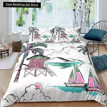 Coconut Palm Tree King Queen Duvet Cover Nautical Bedding Set Watercolor Sailboat Hawaii Quilt Cover Polyester Comforter Cover EU single(135x200cm)