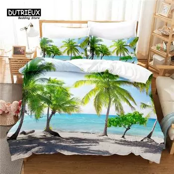 Coconut Tree Bedding Set, 3Pcs Duvet Cover Set, Soft Comfortable Breathable Duvet Cover, For Bedroom Guest Room Decor EU single(135x200cm)