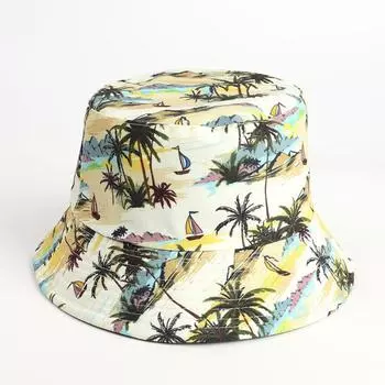 Coconut Tree Bucket Hat New Arrival Print Double-Sided Wear Color Sailing Tree Leaves Bucket Hat Men and Women K-style Sun-Shade Sun Protection Hat Coconut tree M(56-58cm)