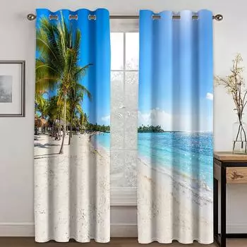 Coconut Tree Scenery Beach Blackout Curtains for The Living Room Bedroom Home Decor Tree Big Scenery for High Shading Curtain W55 X H120cm X 2&HOOK