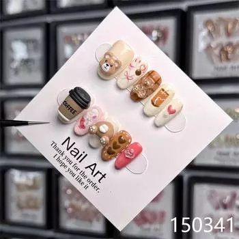 Coffee Bear Cartoon Cup Handmade Wearable Nail Piece Gentle Childrens Pattern XS