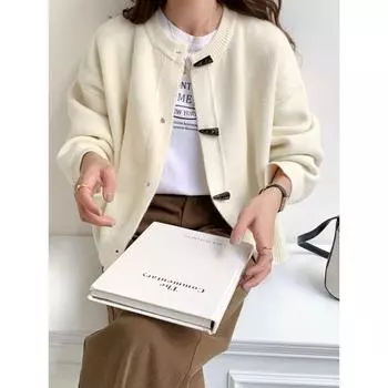 Coffee Color Fancy Cardigan Korean Style Knitting Horn Button Milky White M