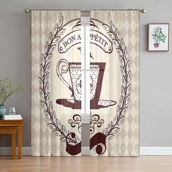Coffee Cup Wreath Retro Style Sheer Curtains Tulle for Living Room Bedroom Kitchen Voile Drapes Home Decoration Window Treatment W135 x H114cm