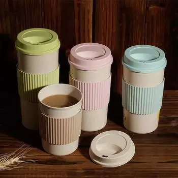 Coffee Cups With Lids Wheat Straw Reusable Portable Coffee Cup Dishwasher Safe Coffee Mug Coffee Tea Travel Cups 350ml зелёный