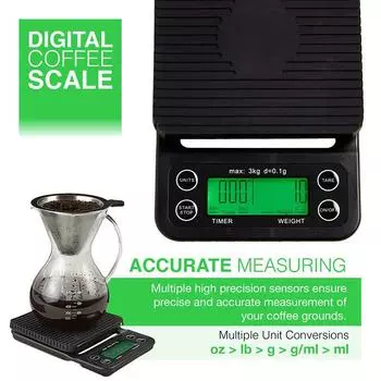 Coffee Digital Scale with Timer, High Accuracy Kitchen Food Scale with Tare Function, 6.6LB/3KG Max Load, 0.1g Precision Sensor 3KG чёрный