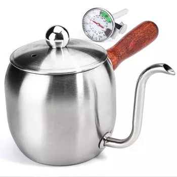 Coffee drip pot, gas fire, IH compatible, narrow mouth drip pot, stainless steel, with lid, wood grain handle, thermometer included, 500ml