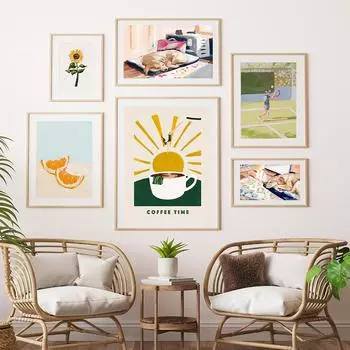 Кофейный постер с изображением фруктов, подсолнухов, цветочных узоров, настенная живопись на холсте, картины с изображением животных и собак для гостиной, кухни, домашнего декора 21x30cm No Framed светло-серый